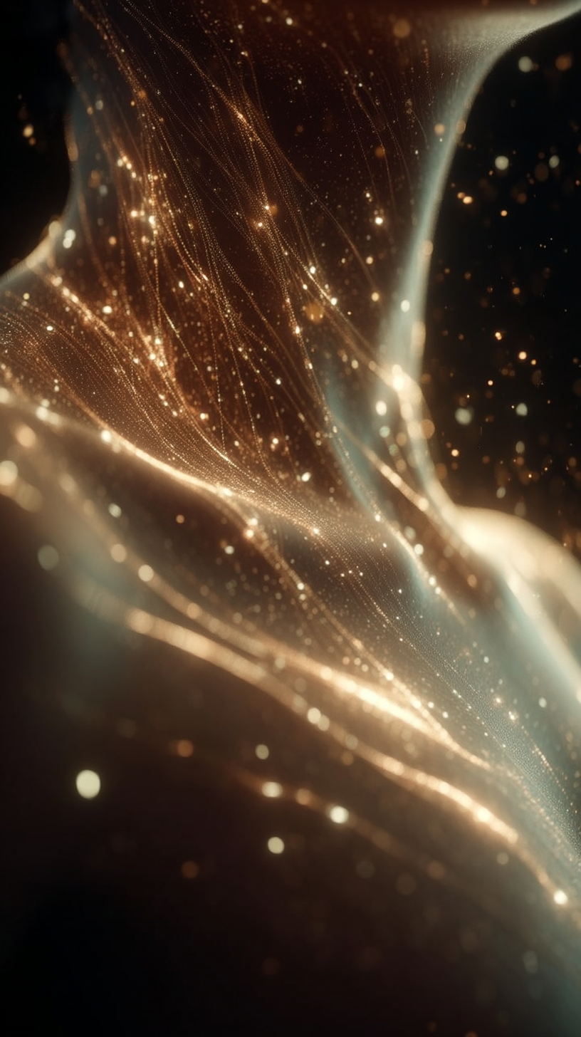 Abstract golden particle light weaving across a dark ground